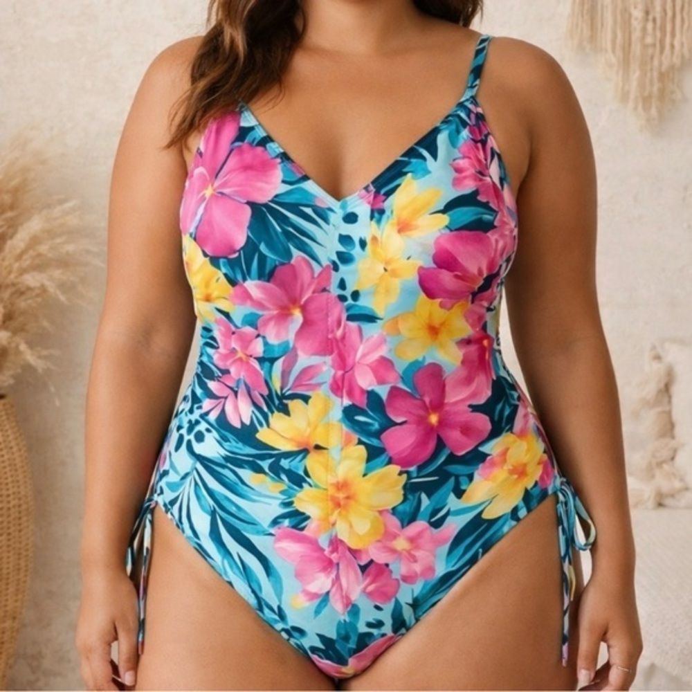 BCBG Paris Ruched Pink Multicolor One Piece Tropical Floral Swimsuit